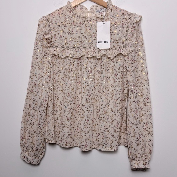 Iriserly Floral Gold Stars Ruffle Prairie Lightweight Romantic Feminine Blouse S - Picture 1 of 16